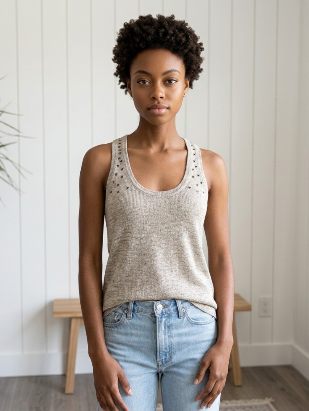 Sleeveless Scoop Neck Knit Tank Top in Heathered Beige
